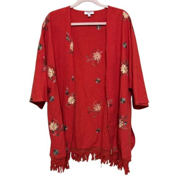 Umgee Kimono Top Medium Red Embroider Floral Open Front Hippie Cottagecore Boho - Picture 3 of 7
